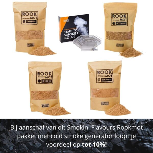Pakket met 4 soorten Rookmot van Smokin' Flavours en een cold smoke generator.