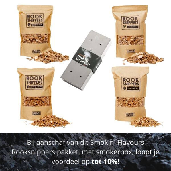 Pakket met 4 soorten Rooksnippers van Smokin' Flavours en een smokerbox.