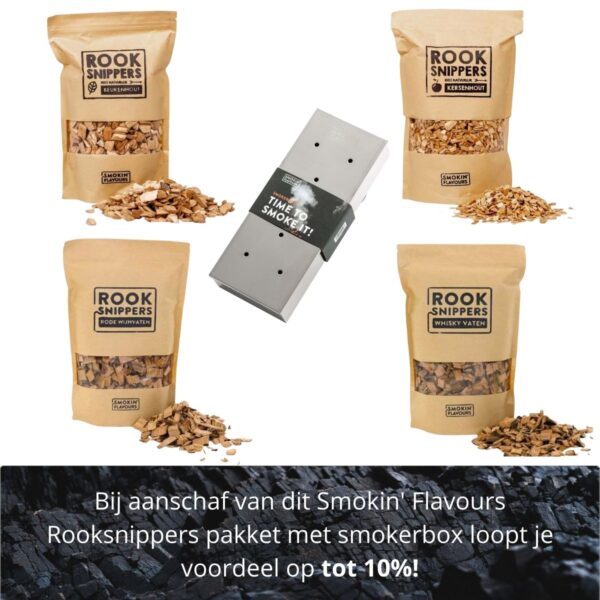 Pakket Smokin' Flavours Rooksnippers - Whisky | Rode wijn | Beuk | Kers met smokerbox