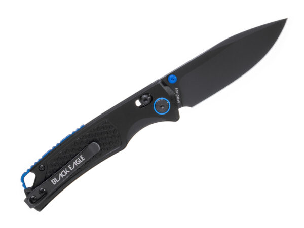Black Eagle Fuji Midnight Black EDC-zakmes met zwart gecoat lemmet en denim micarta handgreep rechts