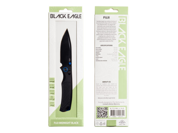 Black Eagle Fuji Midnight Black EDC-zakmes met zwart gecoat lemmet en denim micarta handgreep verpakking