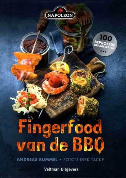 Omslag van het kookboek Fingerfood van de BBQ met luxe harde kaft en kleurrijke foodfotografie.
