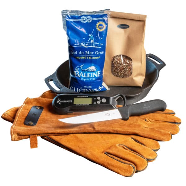 Kolenboertje starters set||victorinox fibrox beenmes|kolenboertje dual probe thermometer|Petromax skillet 30 cm|Kolenboertje handschoenen