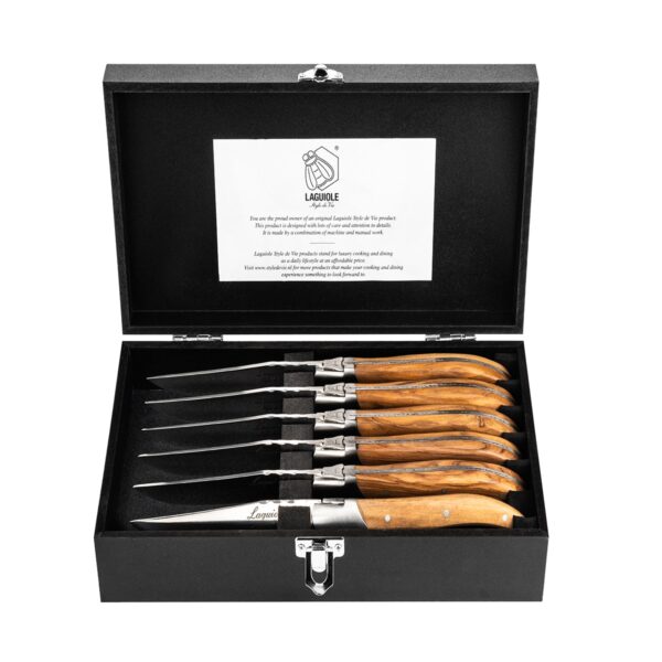 Luxe steakmessen met olijfhouten handvat uit Laguiole serie van Style de Vie.|||