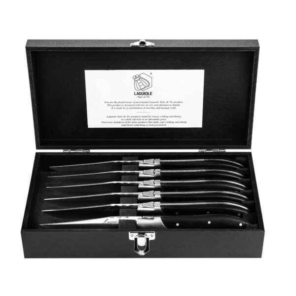 Luxe steakmessen met zwart ebbenhouten handvat Laguiole serie van Style de Vie.||