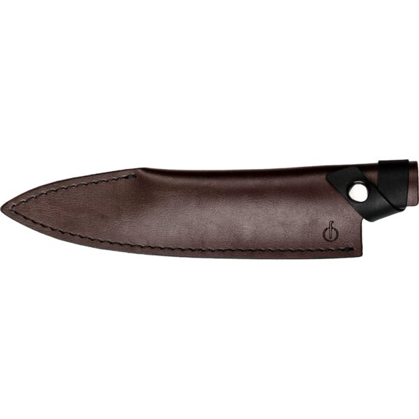 Prachtige lederen hoes voor het Forged koksmes.|||
