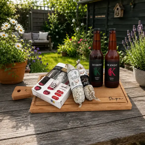 Vaderdag borrelplank cadeaupakket met gepersonaliseerde Kolenboertje snijplank 49 cm, fuet trio, salami barolo, salami tartufo en 2 De Kwint biertjes